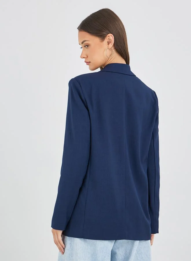 Styli Styli Women Navy Blue Regular Fit Regular Length Linen Look Blazer
