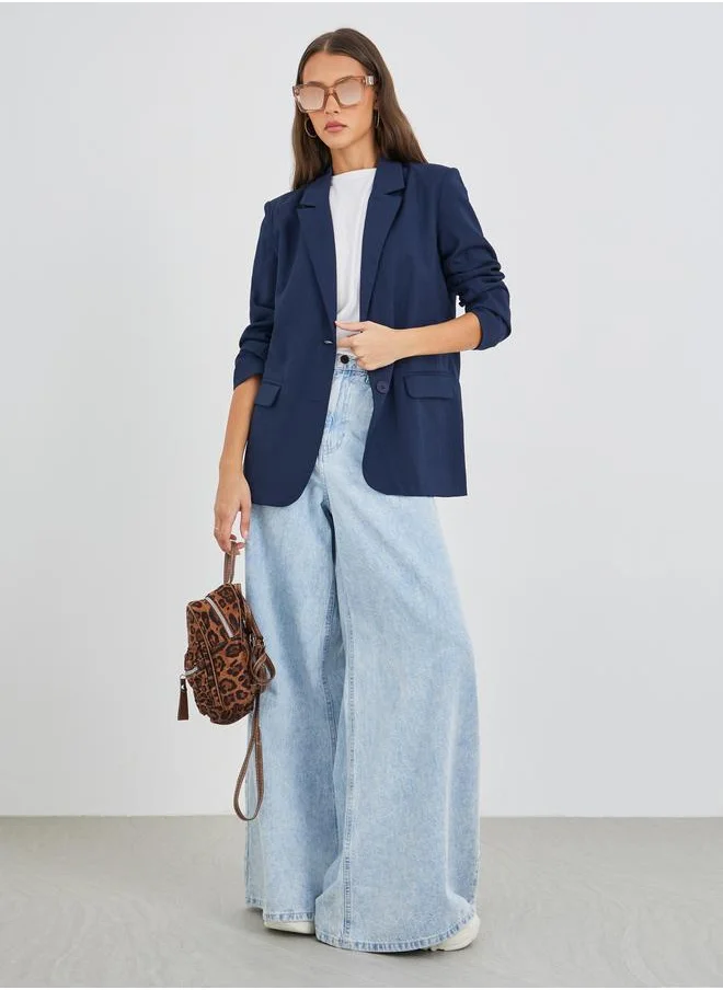 Styli Styli Women Navy Blue Regular Fit Regular Length Linen Look Blazer