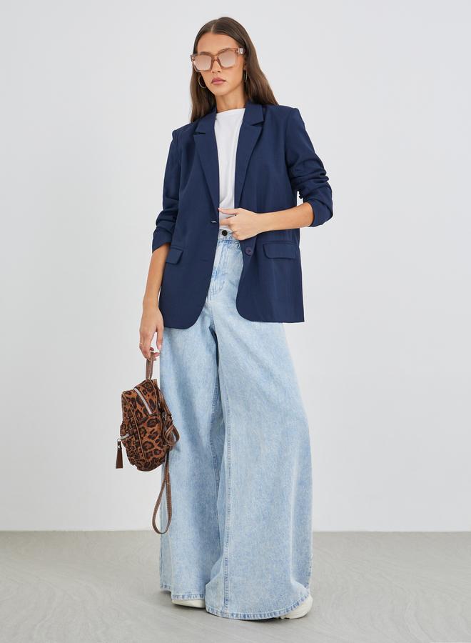 Styli Women Navy Blue Regular Fit Regular Length Linen Look Blazer - Image 2