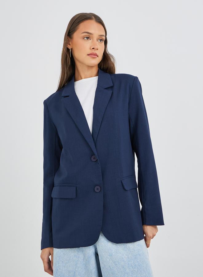 Styli Women Navy Blue Regular Fit Regular Length Linen Look Blazer - Image 3