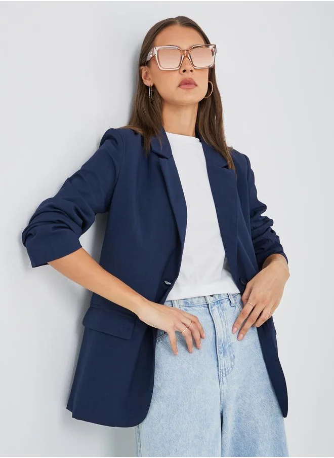 Styli Styli Women Navy Blue Regular Fit Regular Length Linen Look Blazer