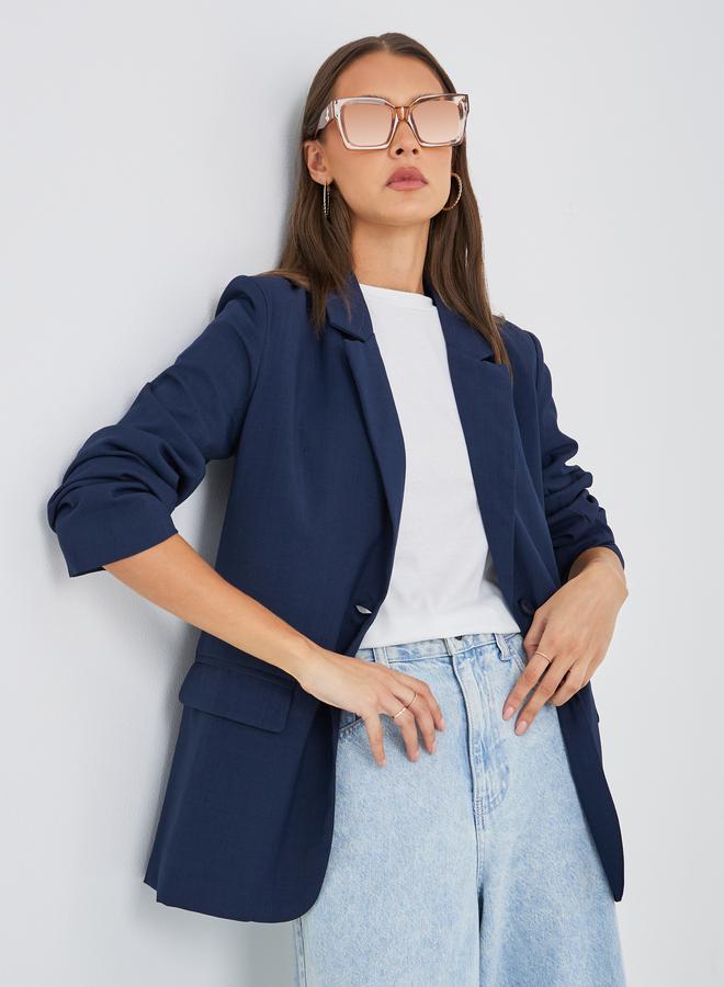 Styli Women Navy Blue Regular Fit Regular Length Linen Look Blazer - Image 1