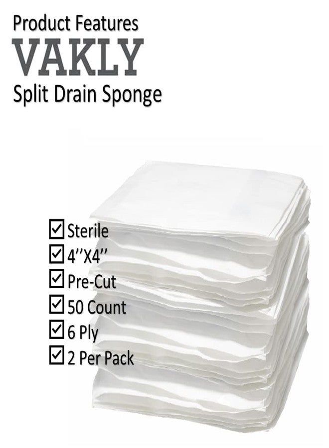 Vakly Split Drain Sponge Gauze 4x4 Sterile 6 Ply Pads [Pack of 50] Absorbent Precut 4"X4" Non-Woven Slit Bandage for I.V. Tracheostomy - 25 Packs of 2 Pre Cut Bandages + 1 Roll of Medical Tape - Image 3