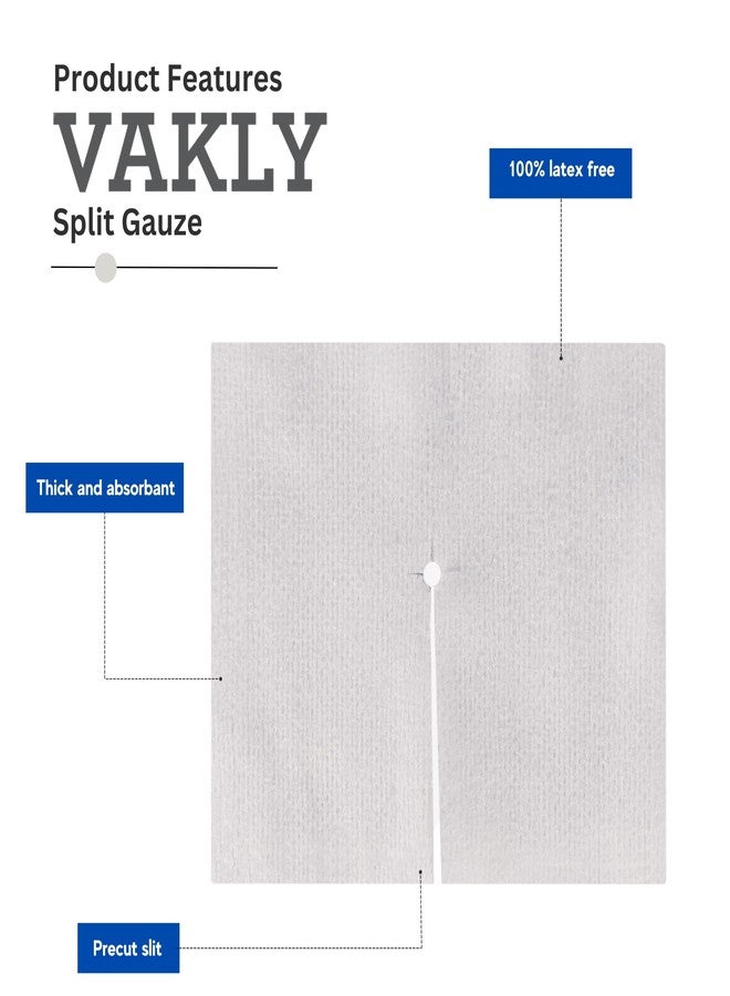 Vakly Split Drain Sponge Gauze 4x4 Sterile 6 Ply Pads [Pack of 50] Absorbent Precut 4"X4" Non-Woven Slit Bandage for I.V. Tracheostomy - 25 Packs of 2 Pre Cut Bandages + 1 Roll of Medical Tape - Image 2