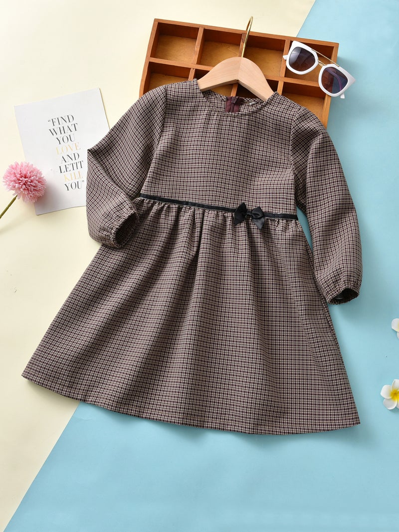Spring and Autumn New Girls Dress Plaid Childrens Dress Autumn Korean Style Middle and Large Childrens Long Sleeve Dress Girls Dress Coffee 