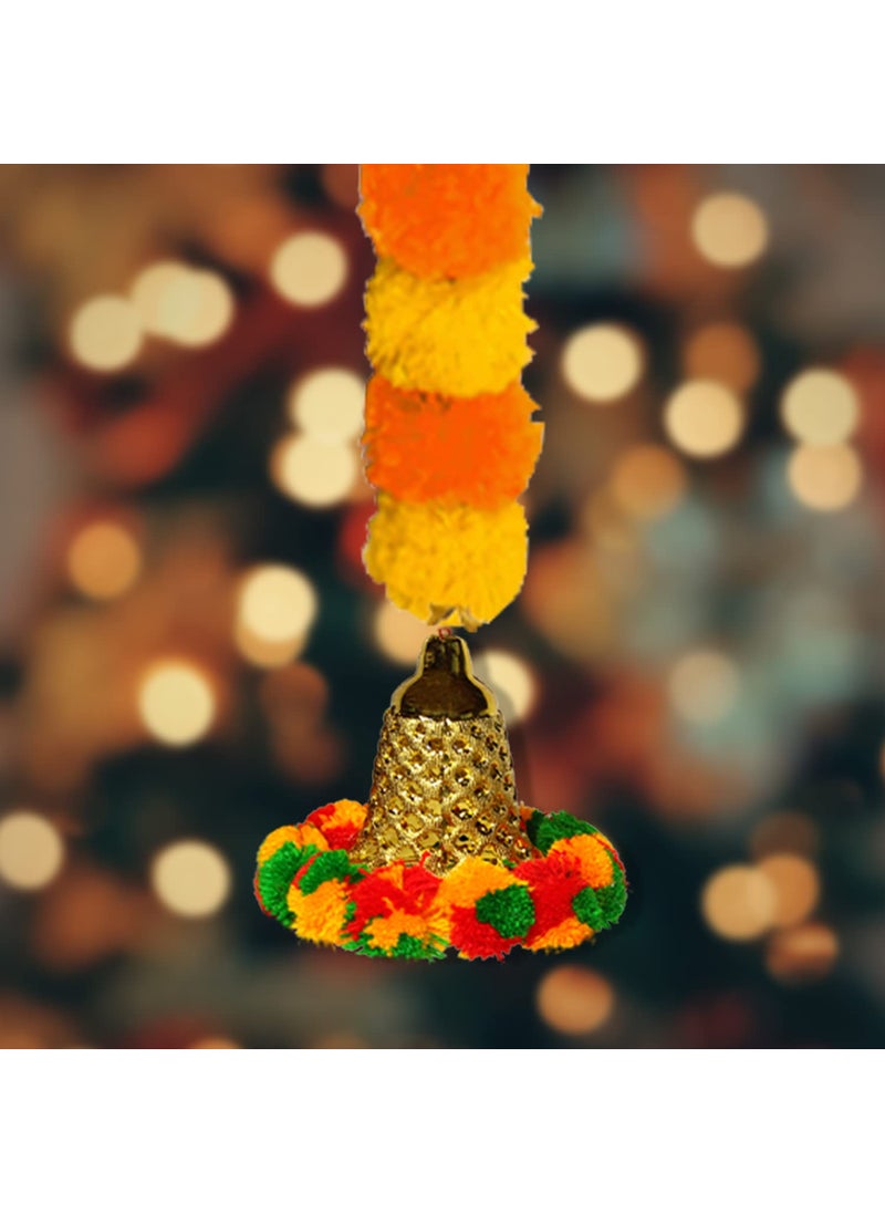 iHandikart iHandikart Marigold Garland Fluffy Artificial with Pom Pom Bell in The Bottom Used for Diwali DecorationDiwali GiftHome Decoration Size 33 inch Colour Yellow Light Orange Pack of 2 334052  - Image 3