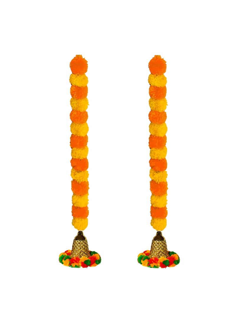 iHandikart iHandikart Marigold Garland Fluffy Artificial with Pom Pom Bell in The Bottom Used for Diwali DecorationDiwali GiftHome Decoration Size 33 inch Colour Yellow Light Orange Pack of 2 334052  - Image 1