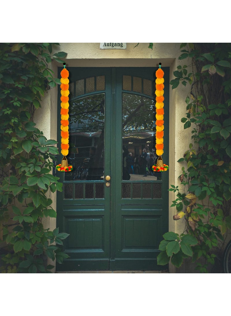 iHandikart iHandikart Marigold Garland Fluffy Artificial with Pom Pom Bell in The Bottom Used for Diwali DecorationDiwali GiftHome Decoration Size 33 inch Colour Yellow Light Orange Pack of 2 334052  - Image 2