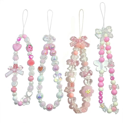 cioatu 4 Pieces Cute Phone Charms Beaded Phone Strap Aesthetic Y2K Cellphone Keychain Cute Bear Butterfly Heart Cool Cellphone Charm for Bag Keychain Airpods Camera Pendants Decor (Pink Style) - Image 1