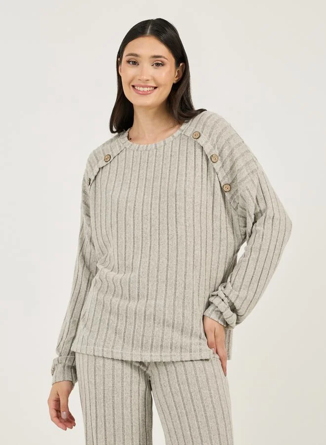 Styli Button Detail Ribbed Long Sleeves Top and Pyjama Set