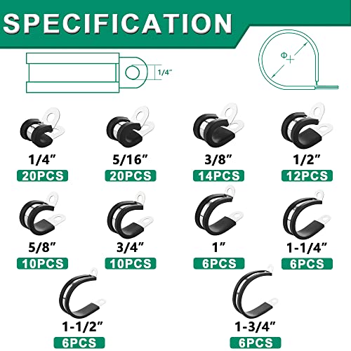 OURU 110PCS Cable Clamps Assortment Kit,10 Sizes—1/4" 5/16" 3/8" 1/2" 5/8" 3/4" 1" 1-1/4" 1-1/2" 1-3/4" Stainless Steel Rubber Coated Cushioned Insulated Cable Clamp,Automotive Wire Pipe Clamps - Image 2