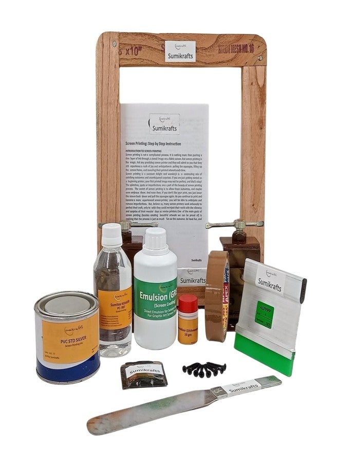 sumikrafts Screen Printing kit: Screen Printing Wooden Frame 8”x10 pre Stretched Nylon mesh no 16+PVC Ink Silver 250gm+Double Hinge Table clamp - Image 1
