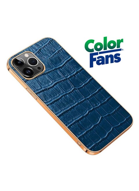 Phone Case for iPhone 13 Pro Max Electroplating Shockproof Case Crocodile Texture Genuine Leather Coated TPU Back Shell - Blue
