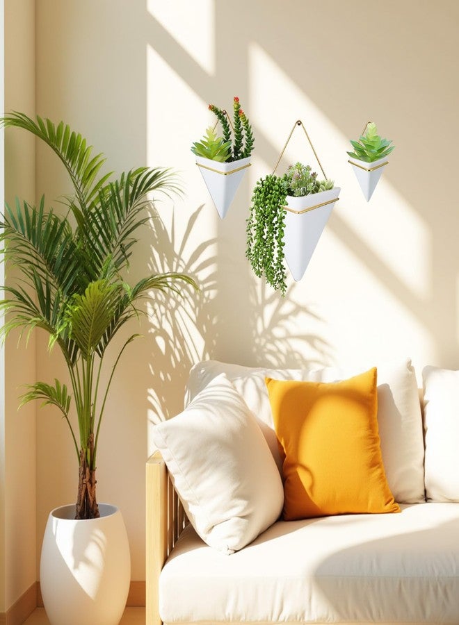 Romooa 3 Sets Ceramic Wall Hanging Planters Indoor 3 Size Geometric Hanging Planters for Indoor Plants Self Watering Pots with Metal Holder for Air, Cactus, Faux Plants and Home Office Decor - Image 4