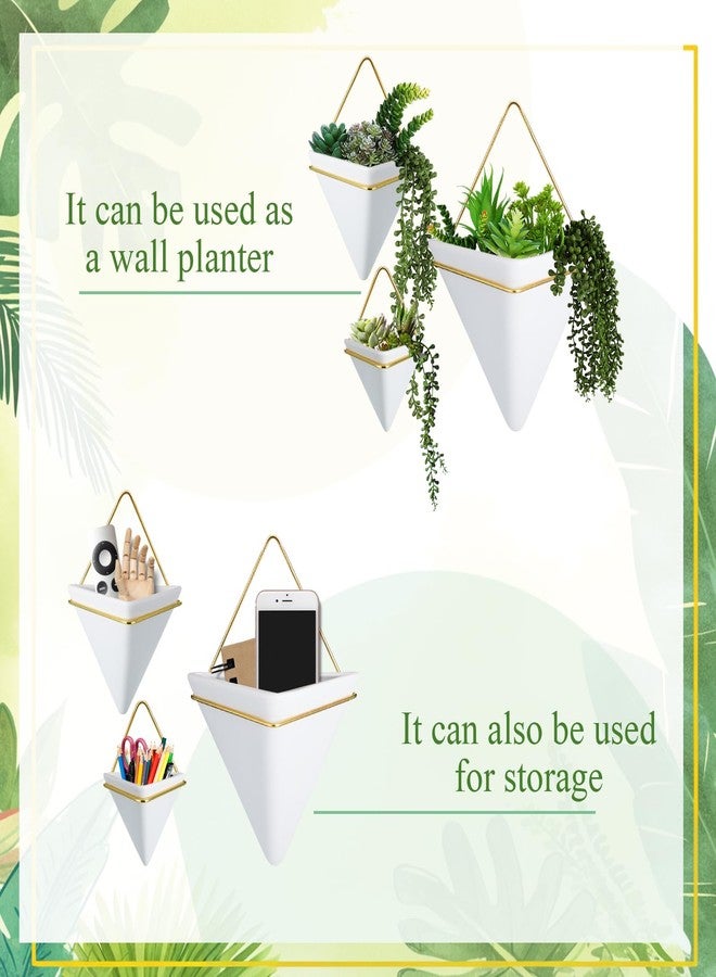 Romooa 3 Sets Ceramic Wall Hanging Planters Indoor 3 Size Geometric Hanging Planters for Indoor Plants Self Watering Pots with Metal Holder for Air, Cactus, Faux Plants and Home Office Decor - Image 3
