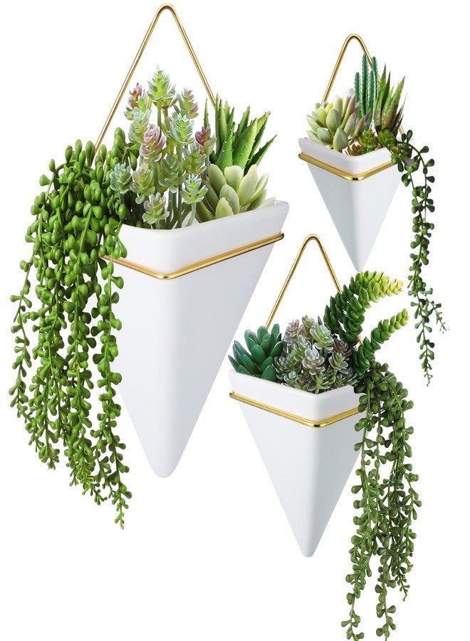Romooa 3 Sets Ceramic Wall Hanging Planters Indoor 3 Size Geometric Hanging Planters for Indoor Plants Self Watering Pots with Metal Holder for Air, Cactus, Faux Plants and Home Office Decor - Image 1