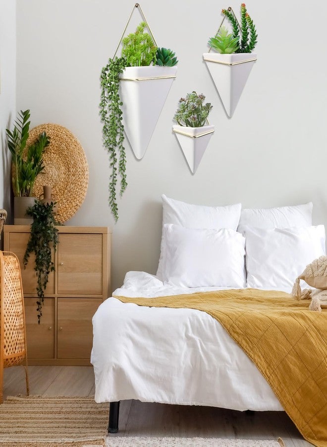 Romooa 3 Sets Ceramic Wall Hanging Planters Indoor 3 Size Geometric Hanging Planters for Indoor Plants Self Watering Pots with Metal Holder for Air, Cactus, Faux Plants and Home Office Decor - Image 5