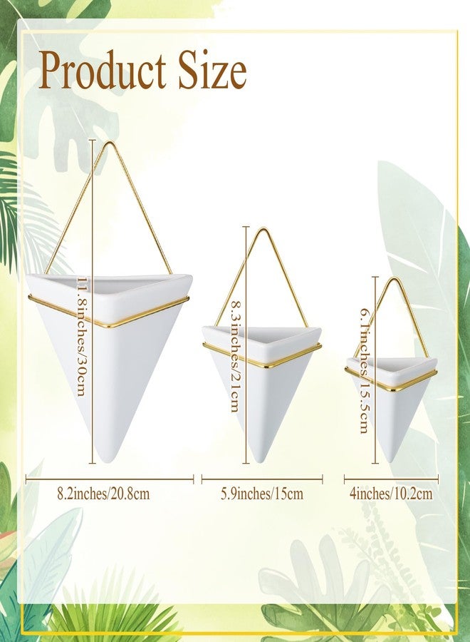 Romooa 3 Sets Ceramic Wall Hanging Planters Indoor 3 Size Geometric Hanging Planters for Indoor Plants Self Watering Pots with Metal Holder for Air, Cactus, Faux Plants and Home Office Decor - Image 2