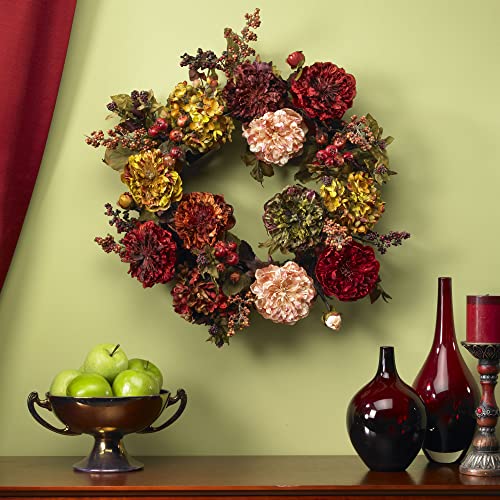 Nearly Natural 22in. Autumn Hydrangea Peony Wreath - Image 2
