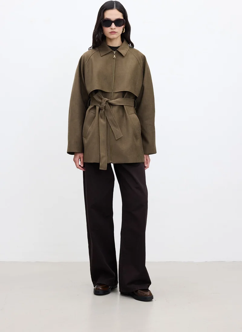 Manuka Suede Trench Style Jacket Khaki