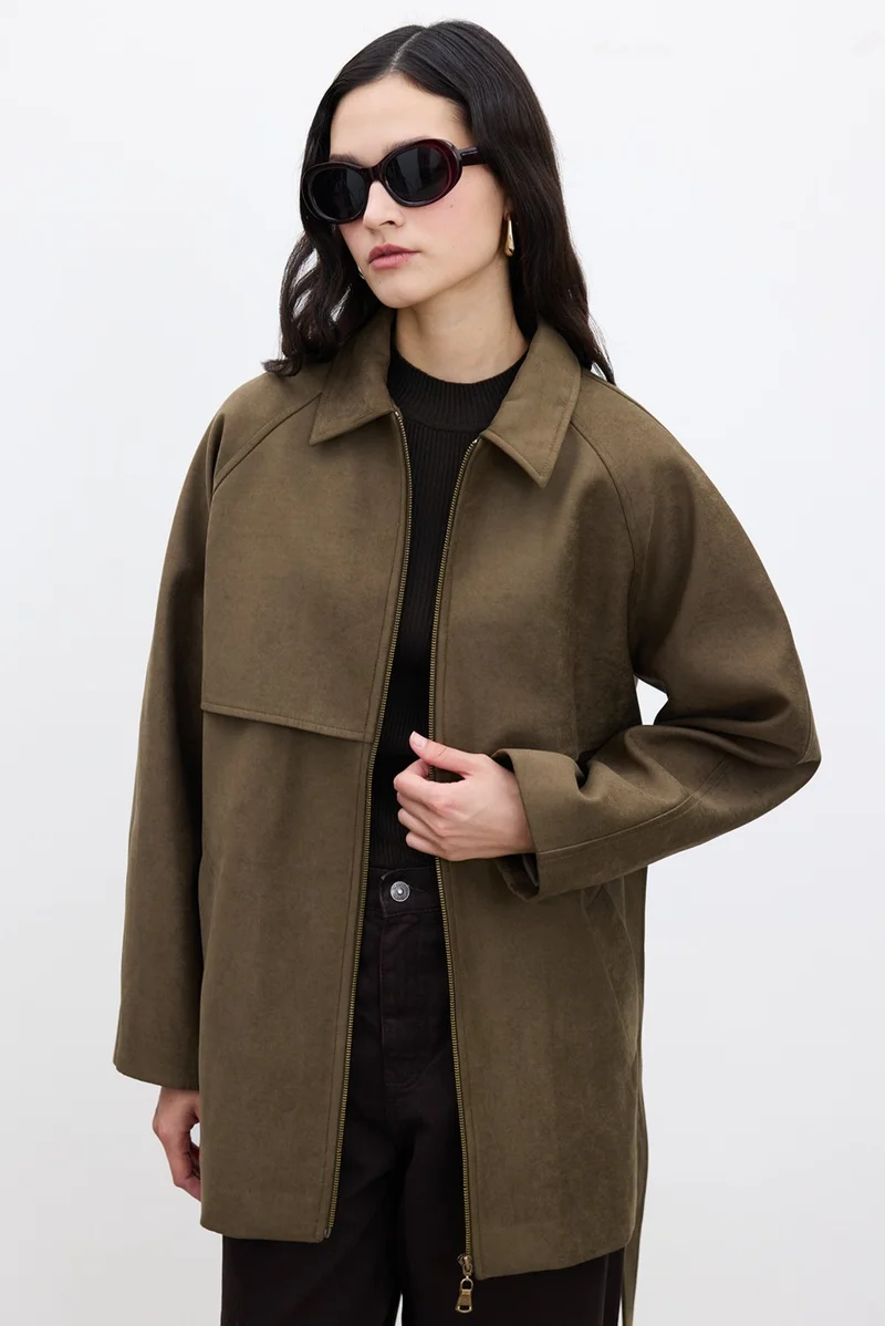 Manuka Suede Trench Style Jacket Khaki