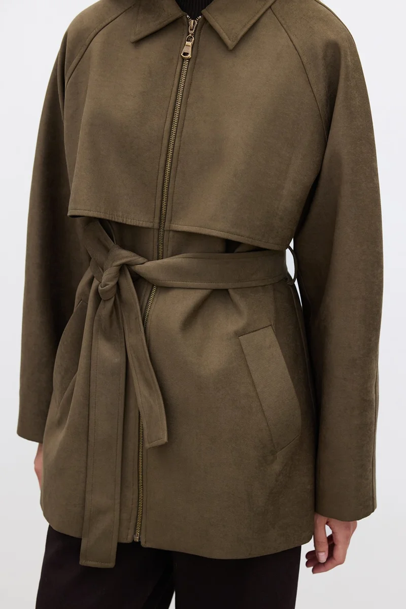 Manuka Suede Trench Style Jacket Khaki