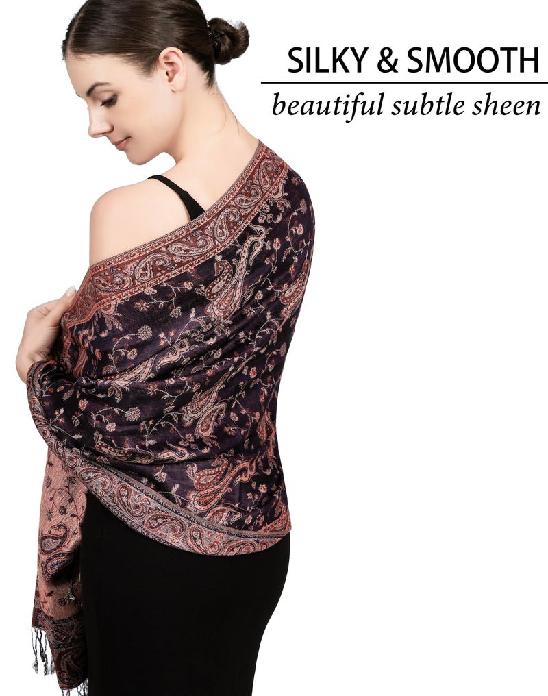 Achillea Soft Silky Reversible Paisley Pashmina Shawl Wrap Scarf w/Fringes (Dark Navy Rust) - Image 2