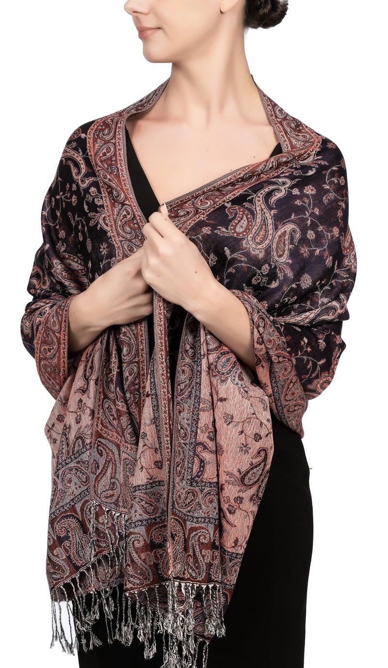 Achillea Soft Silky Reversible Paisley Pashmina Shawl Wrap Scarf w/Fringes (Dark Navy Rust) - Image 1
