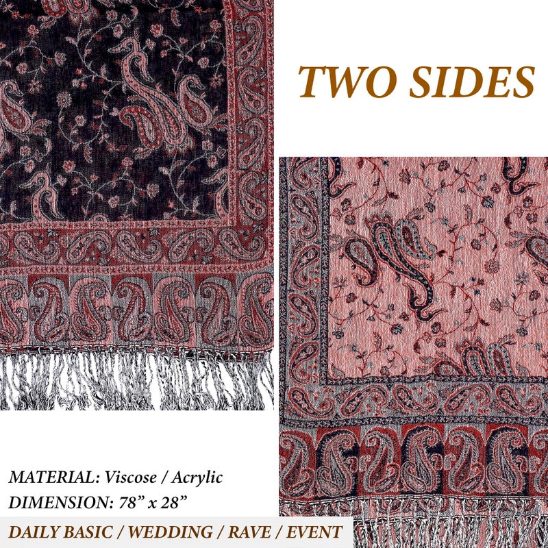 Achillea Soft Silky Reversible Paisley Pashmina Shawl Wrap Scarf w/Fringes (Dark Navy Rust) - Image 5