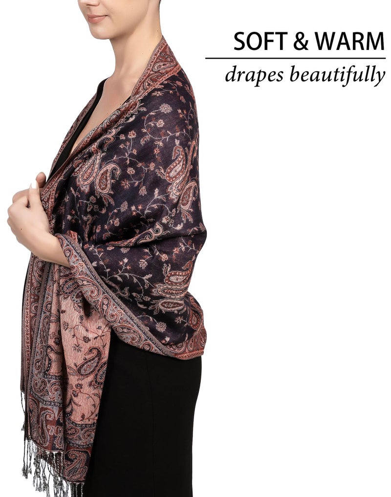 Achillea Soft Silky Reversible Paisley Pashmina Shawl Wrap Scarf w/Fringes (Dark Navy Rust) - Image 4