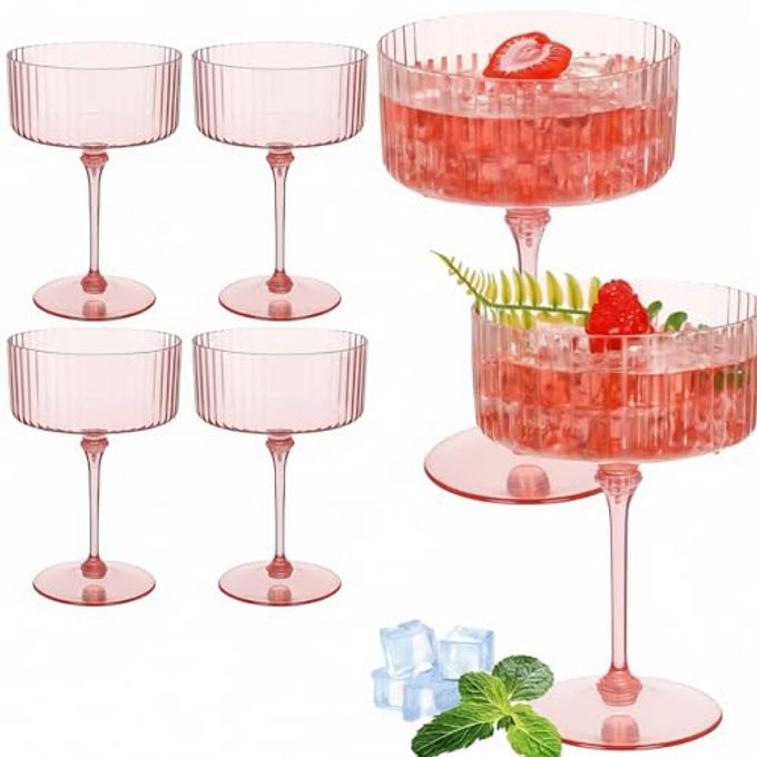 Jingmore 6 Pcs Ribbed Martini Glasses 10 oz Disposable Plastic Vintage Ribbed Coupe Glasses Unbreakable Dessert Parfait Glassware for Wedding Birthday Party Supplies (Pink)