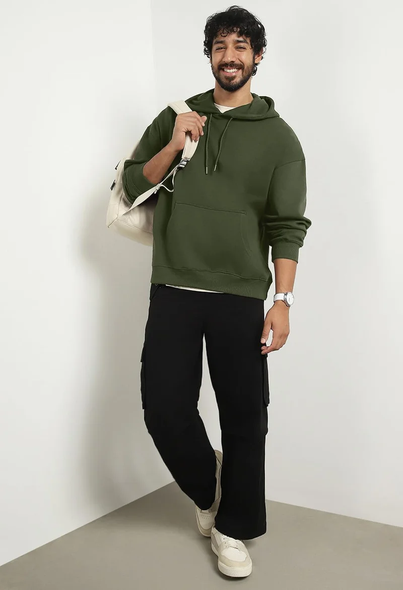 نوبيرو Olive Green Oversized Hoodie for Men