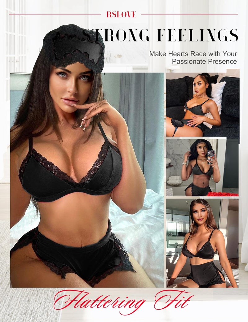 RSLOVE Sexy Pajamas for Women Soft Lingerie Set Lace Trim Sleepwear 2 piece Pjs Shorts Set Black S - Image 3