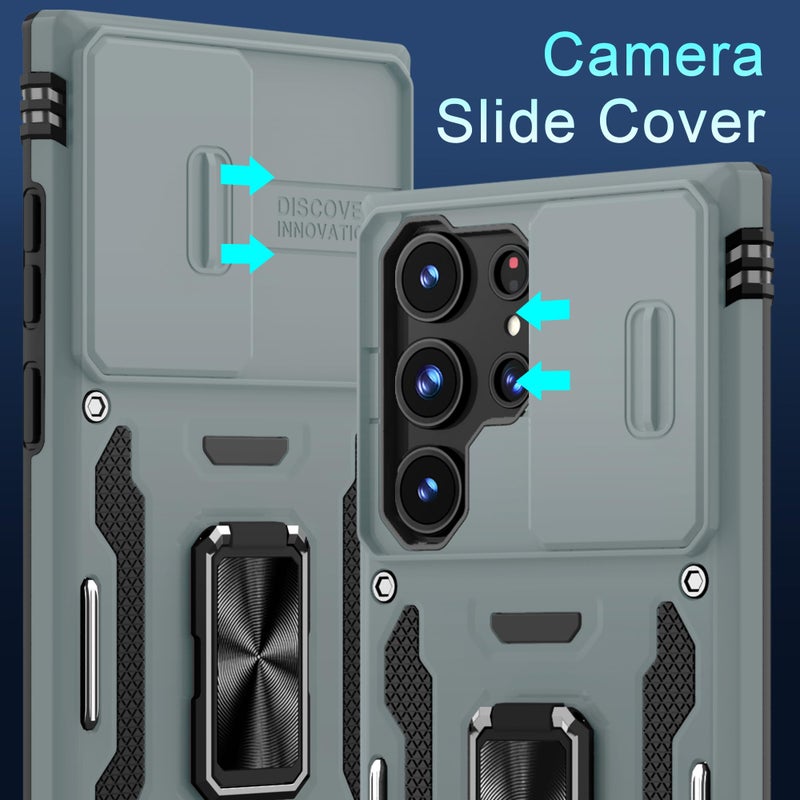 DEERLAMN Case for Samsung Galaxy S25 Ultra with Slide Camera Cover+Screen Protector (1 Pack), Rotated Ring Kickstand Military Grade Shockproof Protective Cover-Grey - Image 3