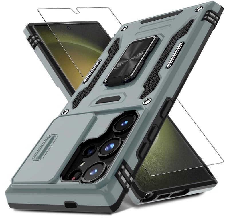 DEERLAMN Case for Samsung Galaxy S25 Ultra with Slide Camera Cover+Screen Protector (1 Pack), Rotated Ring Kickstand Military Grade Shockproof Protective Cover-Grey - Image 1