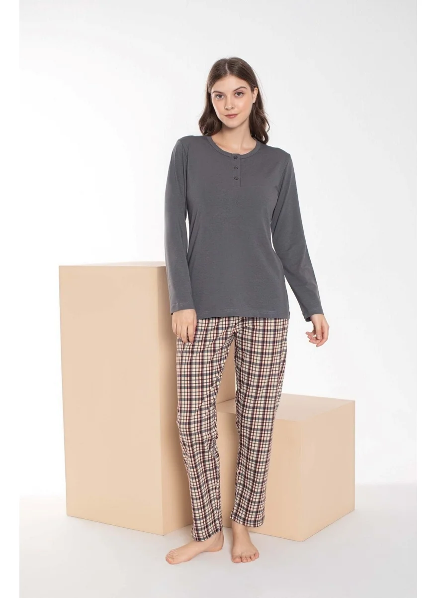 Bie'S Couple Lover Can Be a Spouse Gray Brown Plaid Pattern Modal Long Sleeve Pajama Set - Price is for a Single Product