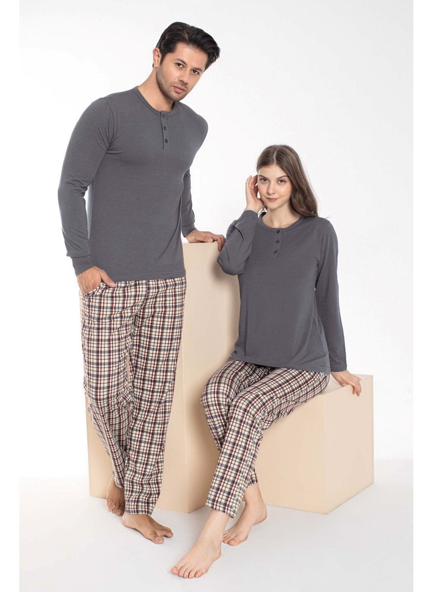 Bie's Couple Lover Can Be a Spouse Gray Brown Plaid Pattern Modal Long Sleeve Pajama Set - Price is for a Single Product  - Image 3