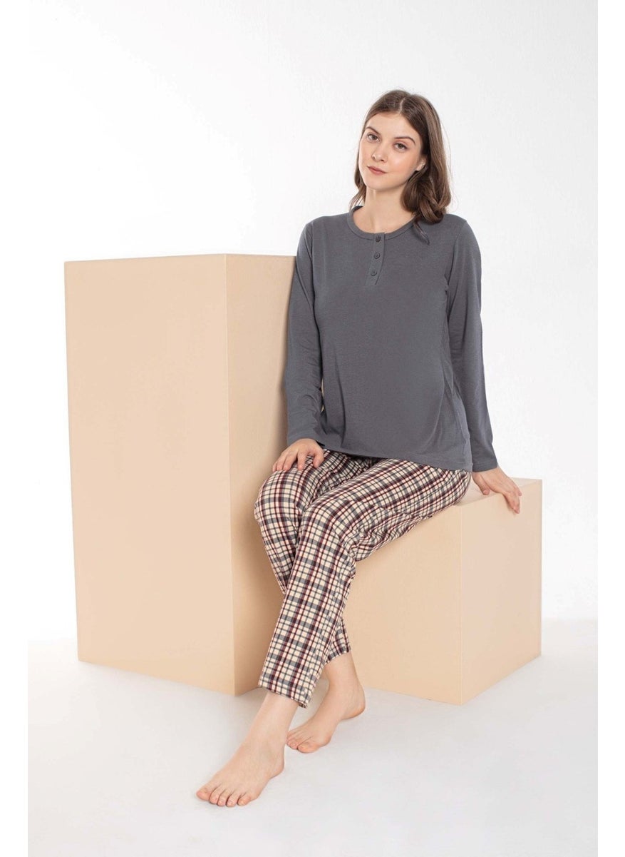 Bie's Couple Lover Can Be a Spouse Gray Brown Plaid Pattern Modal Long Sleeve Pajama Set - Price is for a Single Product  - Image 2