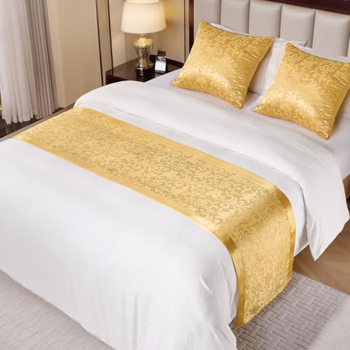 Cobedzy Gold Satin Bed Runner for King Size Beds(1.8m), 50 x 240cm(20" x 94") Jacquard Bed Scarf Satin Bedding Scarves for Hotel, Home, Guesthouse - Image 1