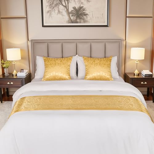 Cobedzy Gold Satin Bed Runner for King Size Beds(1.8m), 50 x 240cm(20" x 94") Jacquard Bed Scarf Satin Bedding Scarves for Hotel, Home, Guesthouse - Image 2
