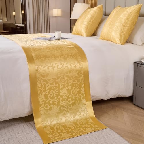 Cobedzy Gold Satin Bed Runner for King Size Beds(1.8m), 50 x 240cm(20" x 94") Jacquard Bed Scarf Satin Bedding Scarves for Hotel, Home, Guesthouse - Image 3