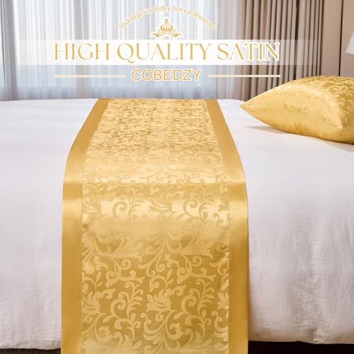 Cobedzy Gold Satin Bed Runner for King Size Beds(1.8m), 50 x 240cm(20" x 94") Jacquard Bed Scarf Satin Bedding Scarves for Hotel, Home, Guesthouse - Image 4