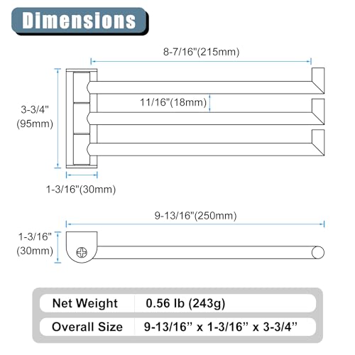 Angle Simple Swivel Hand Towel Holder, SUS 304 Stainless Steel Foldable 3 Towel Bars for Bathroom, Matte Black - Image 2