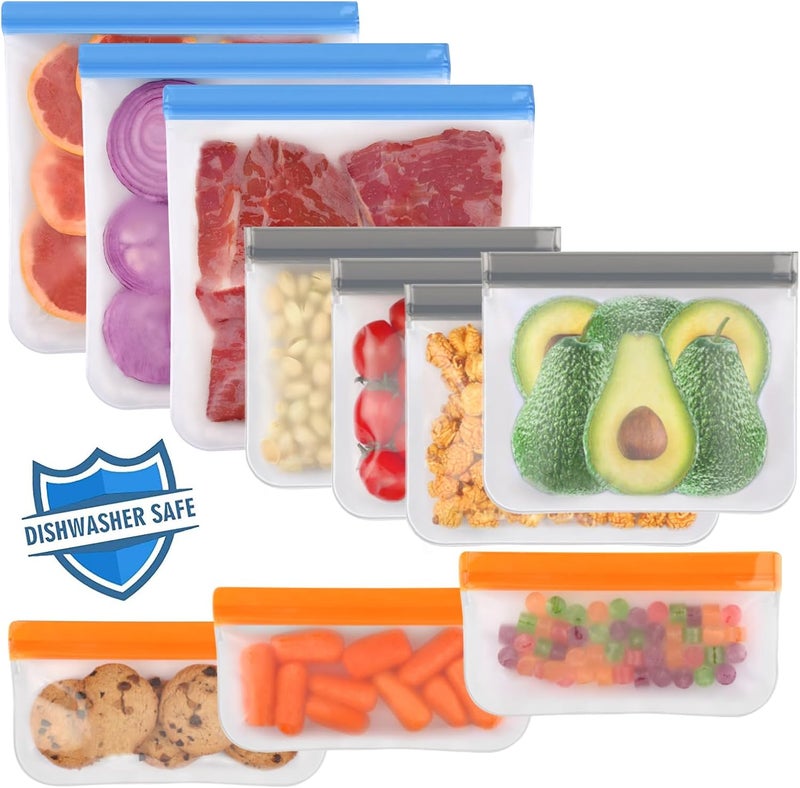 Lerine 10 Pack Dishwasher Safe Reusable Bags, Leakproof Reusable Freezer Bags, BPA Free Food Storage Bags for Marinate Food Travel - 3 Gallon 4 Sandwich 3 Snack - Image 1