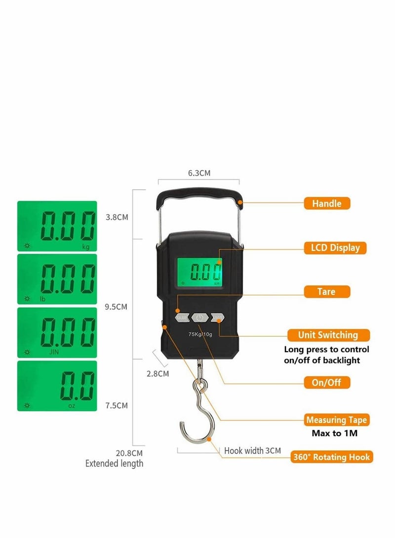 Excefore Portable Scales 75kg/165lb Portable Digital Luggage Scale with Tape Measure, Electronic Travel Weighing Scales for Hanging Suitcase (Temperature Reading) - Image 2
