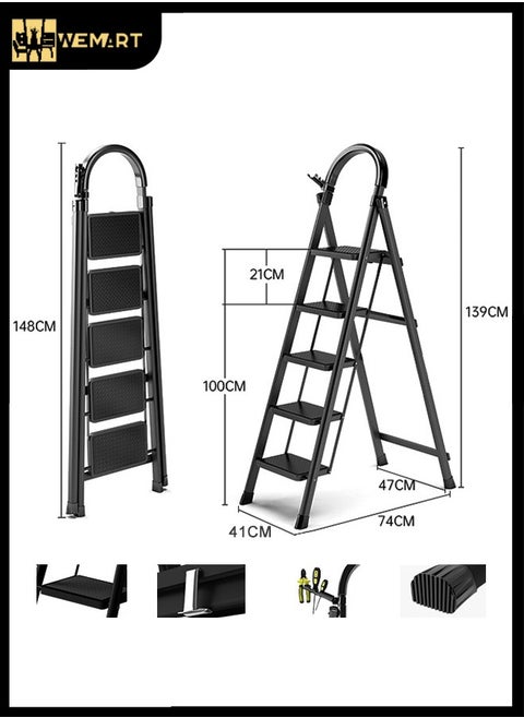 Folding Step Ladder 5 Steps Stool,Heavy-Duty Sturdy Safety Steel Tall Step Stool Ladders with Handrails & Wide Pedals for Adults Home Kitchen Office