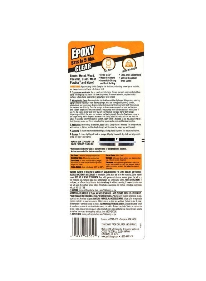 Gorilla 2 Part Epoxy 5 Minute Set, 0.85 Ounce Syringe, Clear (Pack Of 2) - Image 3