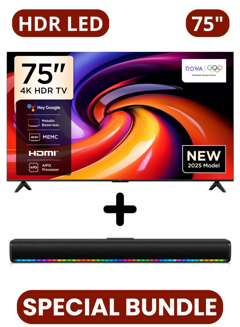 ROWA 75 Inch R55 4K UHD Smart LED TV, HDR TV + 2.0 Channel Portable Soundbar With Built In Battery & LED Lights | Google TV With AiPQ Processor, Dolby Vision & Audio, HDR10, HDMI, WiFi, BT, Bezel-less Design - 75R55+SOUNDBAR Black - Image 1