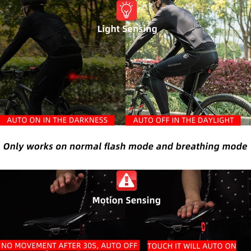 ROCKBROS Bike Tail Light Smart,Brake Sensing Bicycle Rear Lights for Night Ride,Ultra Bright LED Back Lights,Type C USB Rechargeable,IPX6 Waterproof,Cycling Safety Taillight Accessories - Image 3