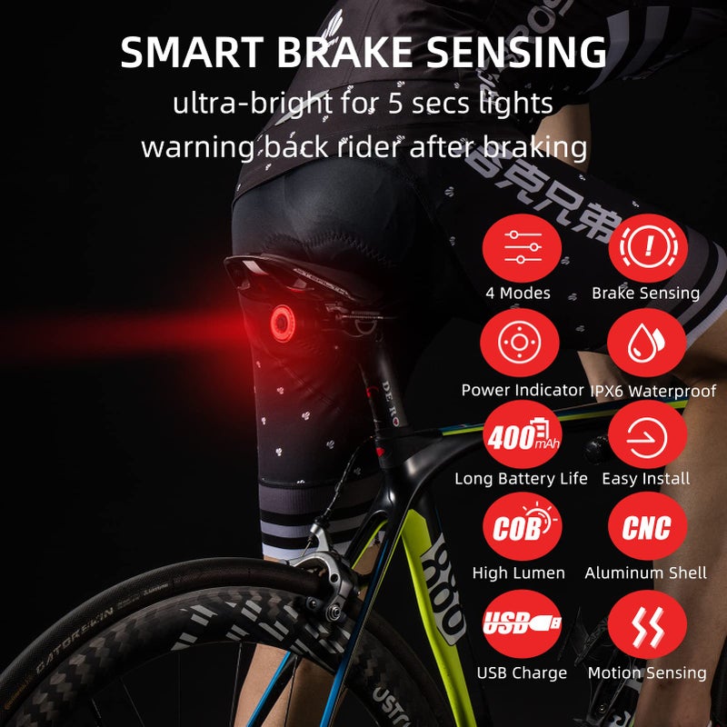 ROCKBROS Bike Tail Light Smart,Brake Sensing Bicycle Rear Lights for Night Ride,Ultra Bright LED Back Lights,Type C USB Rechargeable,IPX6 Waterproof,Cycling Safety Taillight Accessories - Image 2